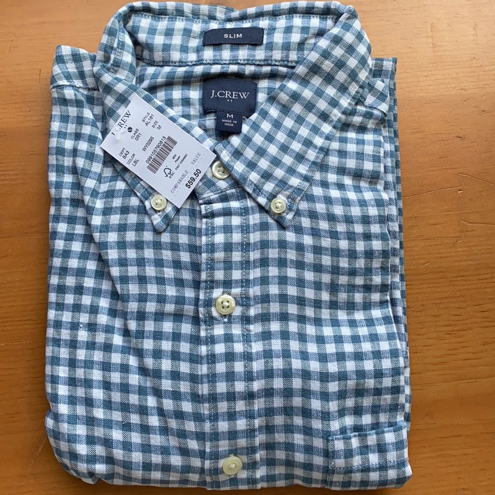 NWT J.Crew GINGHAM SLIM LINEN-COTTON SHIRT